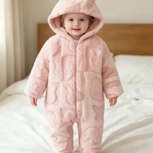 Baby Girl Pink Plush Hooded Romper, Square Rabbit Pattern, Beautiful Comfortable Warm Outfit, Home/Outdoor Wear, for Outdoor