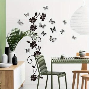 1pc of Pure Black Floral Butterfly Bathroom Door Sticker, Bathtub Sticker, Self-Adhesive Wall Sticker for Bedroom Background Wall