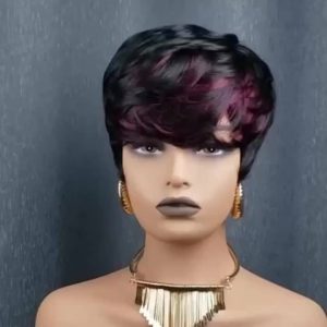USEXY Women's Brazilian Straight Human Hair Wig Suitable for Skin Tones - Natural Black/Burgundy 1B/99J Short Pixie Cut with Bangs, Glueless Rose Net Cap, Layered Wig Suitable for Skin Tones, Machine-Made Hairpiece
