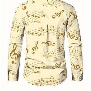 Men's Long-Sleeve Shirt, Music-Themed Print, Men's Printed Shirt, Full Musical Note Print, Men's Shirt, Warm Yellow Artistic Color, 3D Casual Shirt for Men, Soft and Comfortable, Skin-Friendly and Delicate, Spring and Autumn Base Layer Shirt