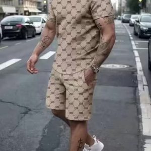 Men'S Casual Two-Piece Summer Set Featuring a Round Neck Short-Sleeve T-Shirt with Letter Print And Drawstring Waist Shorts