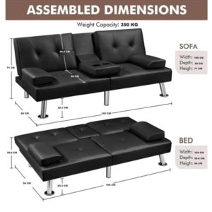 Modern Faux Leather Sofa Bed with Adjustable Recliner And Cup Holders Black