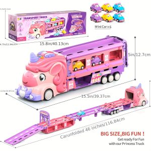 RURUz Pink Unicorn Transport Truck Toy with Extended Track Mode, Foldable Storage, Lights & Music Effects, Includes 6 Mini Cars - Perfect for Birthday Parties & Holiday Gifts, Toy Cars