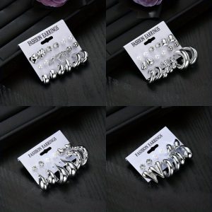 9 Pairs Stud Earrings Silvery Tear-Drop Exquisite Versatile C-Shaped Fashionable And Refined Stud Earrings Set