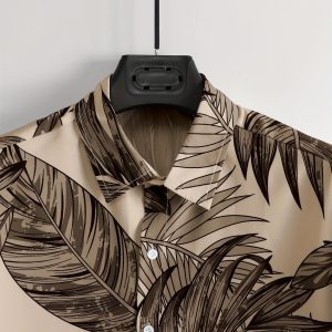 Men's Casual Short Sleeve Shirt - Tropical Leaf Print, Breathable Lightweight Fabric, Classic Collar, Machine Washable Summer Shirt for Beach Outings & Casual Wear, Beach Clothes, Modern Appearance, Easy Care Fabric, Subtle Pattern Design