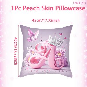 1pc Pink Princess Letter A Pillow Cover with Crown & Butterfly Pattern - Zipper Closure Cushion Case Suitable for, Wedding, Birthday Party Decor, Machine Washable Pink Bedding for Room, Sofa, Balcony, 2D Flat