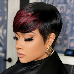 USEXY Women's Brazilian Straight Human Hair Wig Suitable for Skin Tones - Natural Black/Burgundy 1B/99J Short Pixie Cut with Bangs, Glueless Rose Net Cap, Layered Wig Suitable for Skin Tones, Machine-Made Hairpiece
