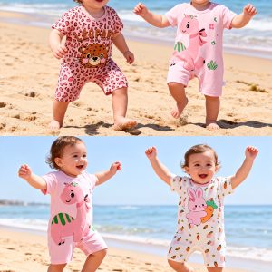 3-Pc Baby Girl Bodysuits 0-9 Months Infant Spring Summer Rompers Pink Dinosaur Rabbit Leopard Print Short Sleeve Climbing Clothes Newborn Baby Clothes Breathable Comfortable Cool, for Outdoor