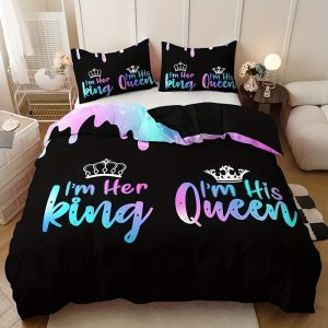 3pcs Crown Letter Duvet Cover Set (1 Duvet Cover + 2 Pillowcases, Excluding Pillow Inserts), High-Definition Printing for Home And Dorm Use