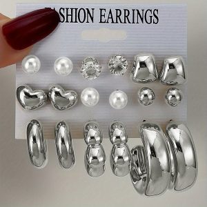 9 Pairs Stud Earrings Silvery Tear-Drop Exquisite Versatile C-Shaped Fashionable And Refined Stud Earrings Set
