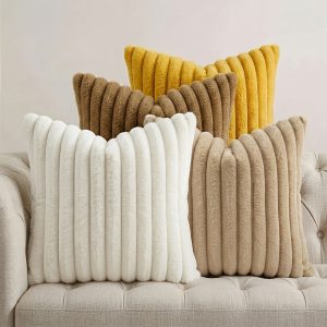 4pcs, Faux Fur Plush Decorative Throw Pillow Covers, 40.64cm*40.64cm/45.72cm*45.72cm/50.8cm*50.8cm, Square Morandi Color Cushion Covers, Spring Summer Modern Soft Fuzzy Striped Pillowcases, Suitable for Bedding Sofa Living Room Couch Car