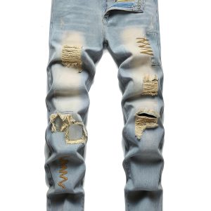 H025 Embroidered Hole Four Seasons Elastic Slimming Jeans