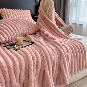 Warm and Comfortable Flannel Drawstring Blanket, Imitation Rabbit Fur Bed Blanket, Soft and Warm Sofa Blanket, Suitable for Nap, Office, Outdoor Camping, Sofa Nap Blanket, Four Seasons Multi-purpose Striped Pattern Gift Blanket 11 Festivals Available