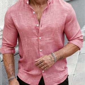 [Yulemi OBM] Men'S Long Sleeve Stand Collar Shirt - Breathable Casual Shirt Suitable for Autumn Leisure And Formal Occasions, Suitable for Beach, Office And Semi-Formal Occasions - Wrinkle-Resistant And Easy to Care For, Various Styles, Regular Fit