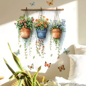 Classic Realistic Potted Colorful Flowers and Butterflies Wall Sticker, Self-Adhesive Decal for Living Room, Bedroom, Study, Kitchen, Dining Room, Removable PVC Mural