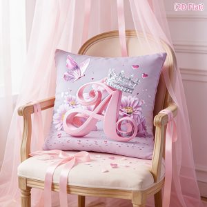 1pc Pink Princess Letter A Pillow Cover with Crown & Butterfly Pattern - Zipper Closure Cushion Case Suitable for, Wedding, Birthday Party Decor, Machine Washable Pink Bedding for Room, Sofa, Balcony, 2D Flat