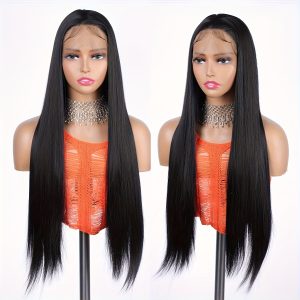 Non-European Black Long Synthetic Wig - Middle Part Straight High Temperature Fiber Front Lace Wig, Elegant Natural Look for Women of All Ethnicities, Versatile Headpiece, Exquisite Hairstyle, Daily Wear Wig, Natural Look Wig, Breathable Lace High