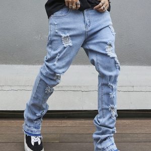 Men'S Fitted Flared Jeans with Distressed Holes That The Ground