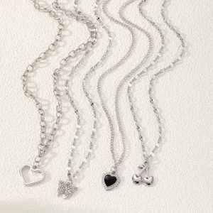 4pcs Elegant Shiny Rhinestone Butterfly Heart Pendant Necklace Set, Stylish Silvery Cherry Multi-Layer Layered Necklaces for Women, Trendy Daily Party Accessories
