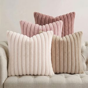 4pcs, Faux Fur Plush Decorative Throw Pillow Covers, 40.64cm*40.64cm/45.72cm*45.72cm/50.8cm*50.8cm, Square Morandi Color Cushion Covers, Spring Summer Modern Soft Fuzzy Striped Pillowcases, Suitable for Bedding Sofa Living Room Couch Car