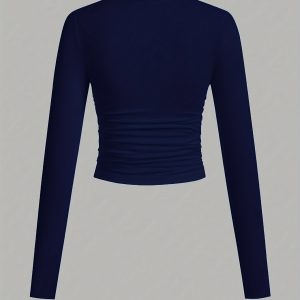 3pcs Women's Casual Simple Y2K Cute Short Ruffle Round Neck Slim Fit Long-Sleeve T-Shirt, Back-to- Tee