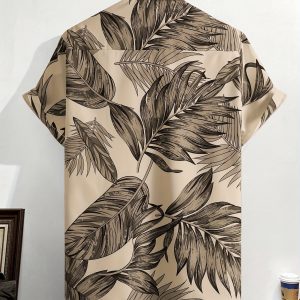 Men's Casual Short Sleeve Shirt - Tropical Leaf Print, Breathable Lightweight Fabric, Classic Collar, Machine Washable Summer Shirt for Beach Outings & Casual Wear, Beach Clothes, Modern Appearance, Easy Care Fabric, Subtle Pattern Design