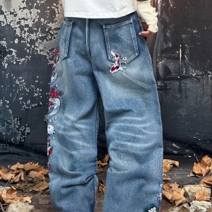 Men's Denim Jeans Y2K Crane Floral Embroidered Baggy Wide Leg Street Casual Skate Streetwear All Season, Multi Sizes (No Belt & Accessories)
