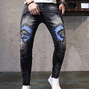 European and American Fashion Patchwork Color-block Stretch Denim Jeans Square Outline