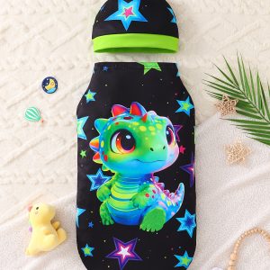 Boys' Glow-in-the-Dark Dinosaur Newborn Anti-Startle Casual Sack, Soft and Skin-Friendly Swaddle with Star-Patterned Hood, All-Season Universal Child Security and Comfort Sleeping Bag, Anti-Kick Blanket for 0-6 Months Babies, Comfortable Casual Aid