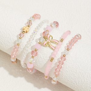 5-Pack Glass Oil Painting Pendant Hand String Set, 5pcs Pink Minimalist Stylish Bow Clover Stackable Bracelet Set