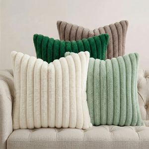 4pcs, Faux Fur Plush Decorative Throw Pillow Covers, 40.64cm*40.64cm/45.72cm*45.72cm/50.8cm*50.8cm, Square Morandi Color Cushion Covers, Spring Summer Modern Soft Fuzzy Striped Pillowcases, Suitable for Bedding Sofa Living Room Couch Car