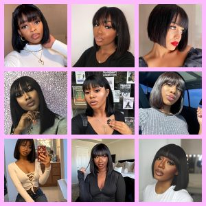 Wig with Bangs Human Hair Bob HD Lace Closure Front Human Hairy Straight Wigs Human Hair Glueless Ready to Wear and Go for Beginners Brazilian Human Hair for