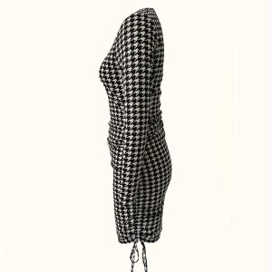 Women'S Round Neck Houndstooth Side Drawstring Fitted Dress