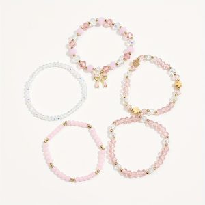 5-Pack Glass Oil Painting Pendant Hand String Set, 5pcs Pink Minimalist Stylish Bow Clover Stackable Bracelet Set