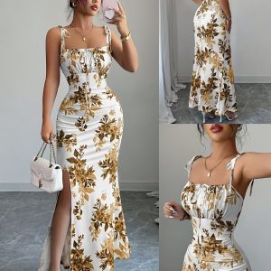 Ladies' Elegant Printed Spaghetti Strap Ruffled Shoulder Tie Bow Hip Slit Dress for Dates, Parties, Gatherings, Beach Vacations