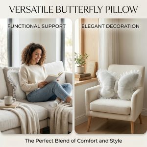 Butterfly-shaped Home Decor Throw Pillow with White Lace Trim, Made of Luxurious Velvet Fabric and Polyester Fiber Filling. Suitable for Beds, Sofas, Carriages, and Office Spaces. Perfect for Living Rooms, Bedrooms, Weddings, Birthdays, and Other