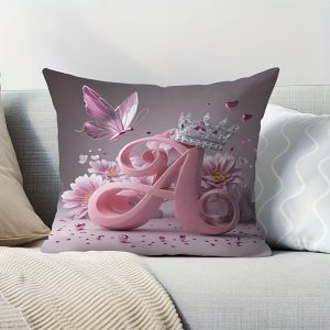 1pc Pink "A" Crown & Butterfly Throw Pillow Cover - Modern Romantic Home Decor with Zipper Closure, Double-Sided Print, Machine Washable Polyester, Perfect for Sofa & Bedroom, Decorative Pillows