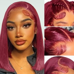 13x4 99J Bob Lace Front Wigs Human Hair Pre Plucked Transparent Straight Bob Wigs with Baby Hair for Women