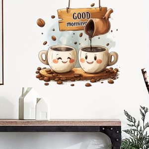 Good Morning Coffee Mug Wall Sticker - Cartoon-Style, Self-Adhesive, Glossy End, Ideal for Kitchen & Dining Room Decor, Coffee Bar Additions
