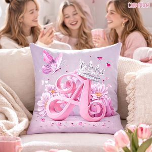1pc Pink Princess Letter A Pillow Cover with Crown & Butterfly Pattern - Zipper Closure Cushion Case Suitable for, Wedding, Birthday Party Decor, Machine Washable Pink Bedding for Room, Sofa, Balcony, 2D Flat