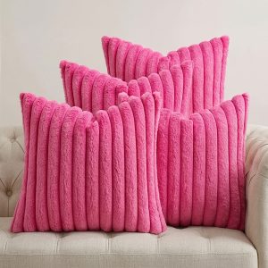4pcs, Faux Fur Plush Decorative Throw Pillow Covers, 40.64cm*40.64cm/45.72cm*45.72cm/50.8cm*50.8cm, Square Morandi Color Cushion Covers, Spring Summer Modern Soft Fuzzy Striped Pillowcases, Suitable for Bedding Sofa Living Room Couch Car