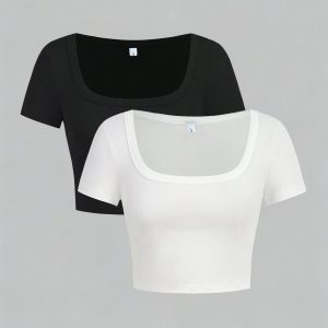 2pcs Set New Fashion Trendy Women'S Square Neck Short-Sleeved Slim Short Top T-Shirt, Suitable for Spring, Summer And Autumn