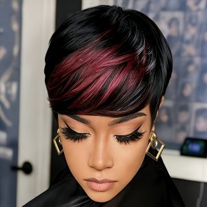 USEXY Women's Brazilian Straight Human Hair Wig Suitable for Skin Tones - Natural Black/Burgundy 1B/99J Short Pixie Cut with Bangs, Glueless Rose Net Cap, Layered Wig Suitable for Skin Tones, Machine-Made Hairpiece