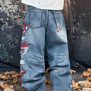 Men's Denim Jeans Y2K Crane Floral Embroidered Baggy Wide Leg Street Casual Skate Streetwear All Season, Multi Sizes (No Belt & Accessories)