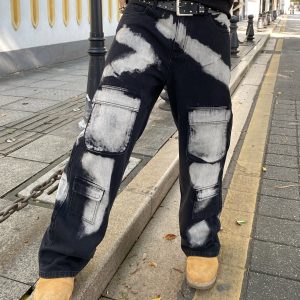 Trendy Vintage Washed Tie-Dye Straight-Leg Loose Fit Cargo Side Pocket Jeans