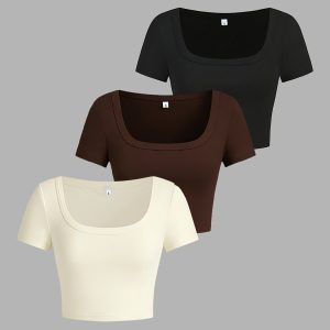 3pcs Set of New Fashionable Trendy Sexy Women'S Short Sleeve Fitted Square Neck Short Top T-Shirts, Suitable for Spring Summer Fall