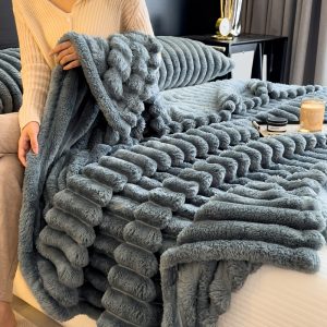 Warm and Comfortable Flannel Drawstring Blanket, Imitation Rabbit Fur Bed Blanket, Soft and Warm Sofa Blanket, Suitable for Nap, Office, Outdoor Camping, Sofa Nap Blanket, Four Seasons Multi-purpose Striped Pattern Gift Blanket 11 Festivals Available
