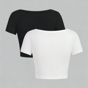 2pcs Set New Fashion Trendy Women'S Square Neck Short-Sleeved Slim Short Top T-Shirt, Suitable for Spring, Summer And Autumn