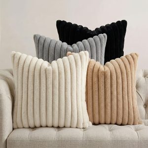 4pcs, Faux Fur Plush Decorative Throw Pillow Covers, 40.64cm*40.64cm/45.72cm*45.72cm/50.8cm*50.8cm, Square Morandi Color Cushion Covers, Spring Summer Modern Soft Fuzzy Striped Pillowcases, Suitable for Bedding Sofa Living Room Couch Car