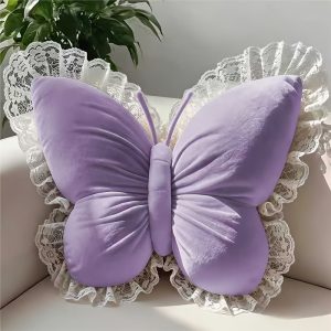 Butterfly-shaped Home Decor Throw Pillow with White Lace Trim, Made of Luxurious Velvet Fabric and Polyester Fiber Filling. Suitable for Beds, Sofas, Carriages, and Office Spaces. Perfect for Living Rooms, Bedrooms, Weddings, Birthdays, and Other